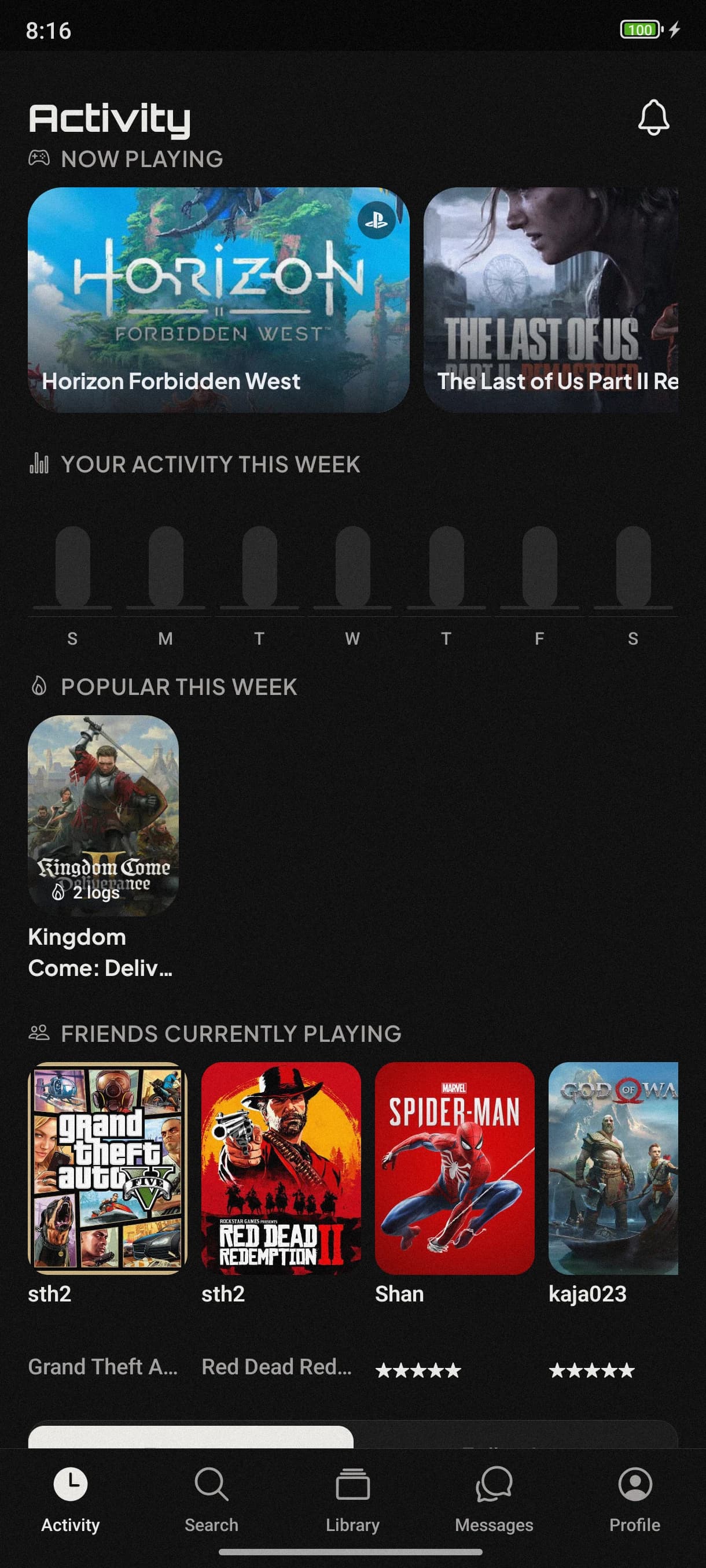 Checkpointd activity feed, showing now playing, weekly activity, and what friends are playing